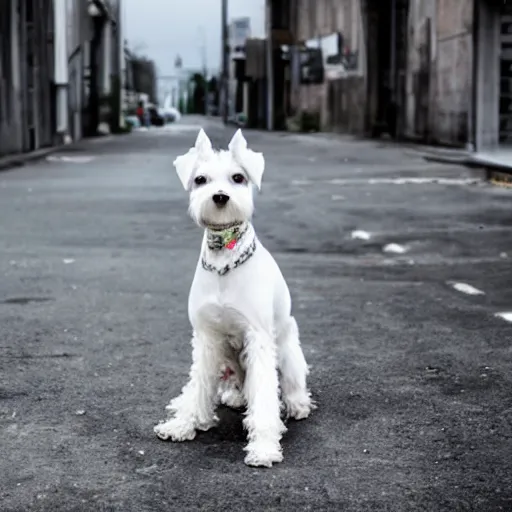 Image similar to photo of a white schnauzer dog with two open wings on his back sitting on the street of an abandoned dystopic city, hyprrealism, 5 5 mm photo