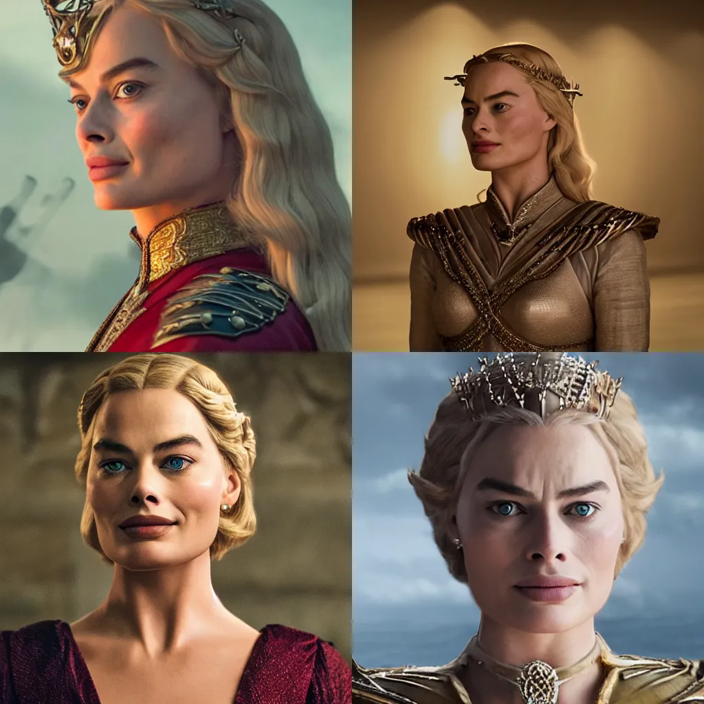 Prompt: Margot Robbie as Cersei Lannister, photo realistic, volumetric lighting