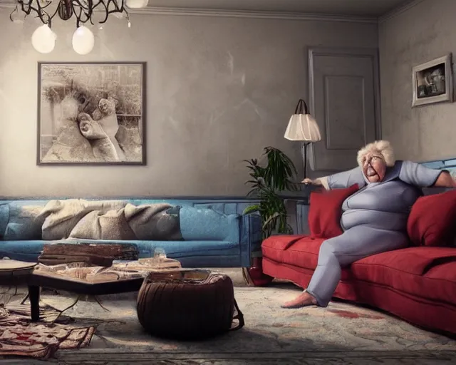 Image similar to of a very beautiful scene. ambient occlusion render. a sweet fat old woman is flying above the sofa. hyper realistic. 4 k. wide angle. wild. symmetrical face, red mouth, blue eyes. deep focus, lovely scene. ambient occlusion render. concept art. unreal engine.