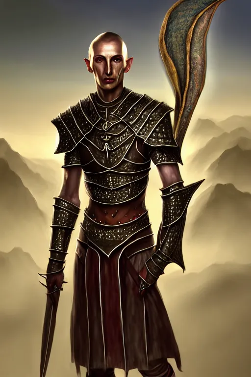 Image similar to hyperrealistic morrowind dunmer male nerevarine in front of a silk strider, 3 / 4 portrait, symmetrical face, handsome face, full body dnd character portrait, medieval armor, morrowind armor, oblivion armor, skyrim armor, eso armor, intricate, highly detailed, elegant, 4 k, artstation, deviantart