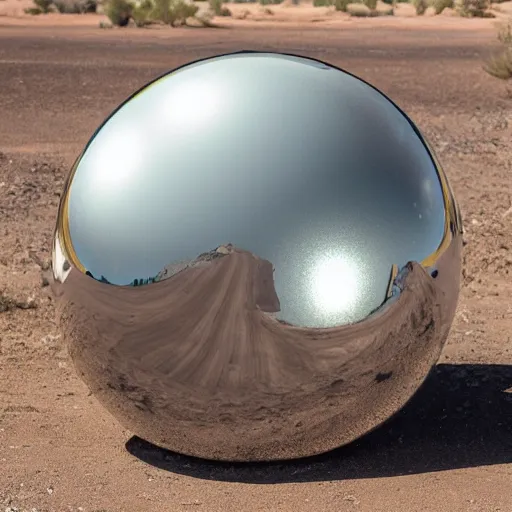 Prompt: a large metallic ball with a mirror finish sits in the arizona desert, photorealistic