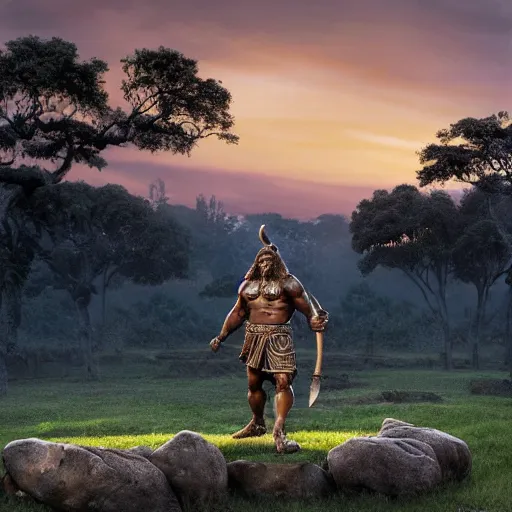 Image similar to a grand bronze statue of a burly muscular viking, wielding a large halberd threateningly in one outstretched hand, flowing hair and long robes, regal and menacing visage, built in a verdant field surrounded by ancient ruins, at dusk with purple twilight sky, enhanced 4 k stylized digital art