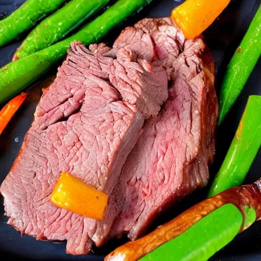 Image similar to chuck roast norris, food photo of chuck norris face on chuck roast