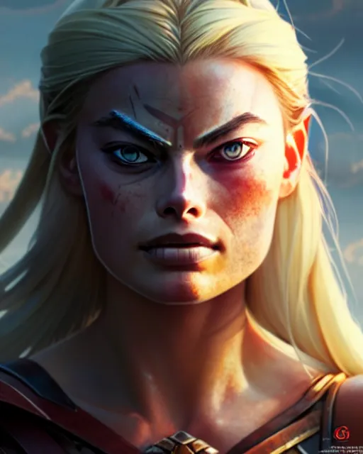 Image similar to azctec warrior, margot robbie, detailed perfect face, exquisite details, fire magic, mid view, design on a white background, by studio muti, greg rutkowski makoto shinkai takashi takeuchi studio ghibli