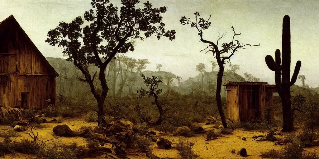 Image similar to An overgrown wood cabin in the middle of a desert, painting by Caspar David Friedrich, Caravaggio, highly detailed,