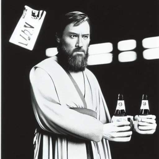 Image similar to obi - wan kenobi drinking a coke in 1 9 8 1, spontaneous portrait, polaroid, rule of thirds