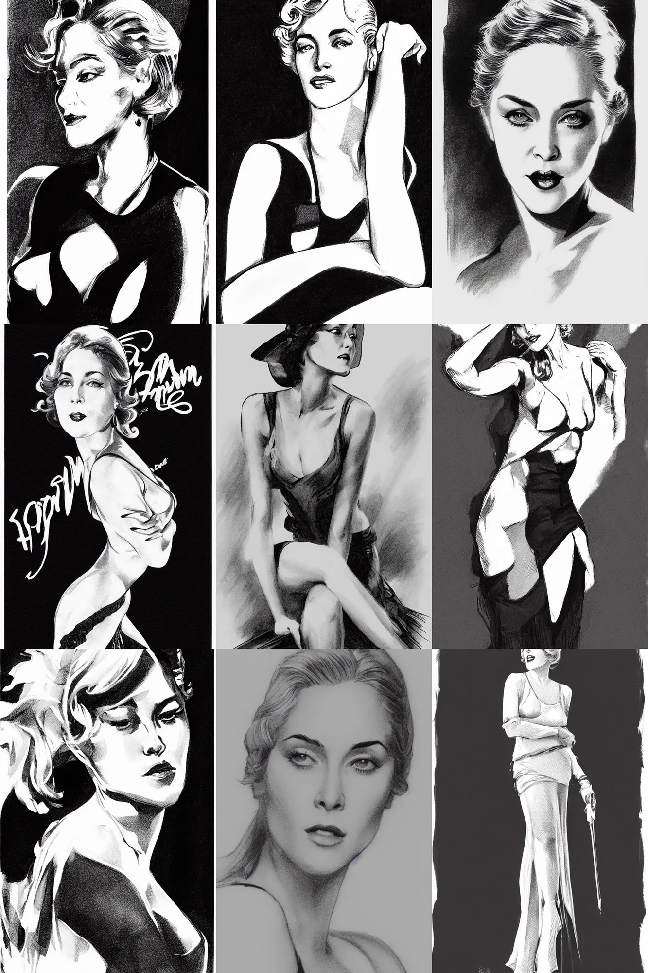 Prompt: black and white pen and ink drawing of young sharon stone, 2 2 years old by rob rey and jesper ejsing, artstation, above lighting, long shadows, 1 9 2 0 s flapper style