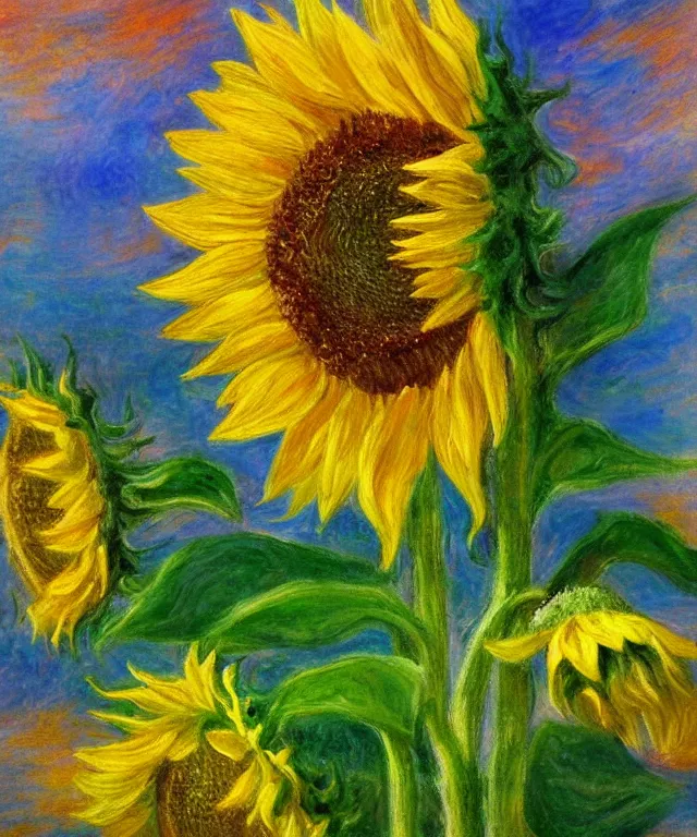 Image similar to sunflower, water painting, monet, heavenly, sun rays, intricate, colorful, highly detailed, soft tones