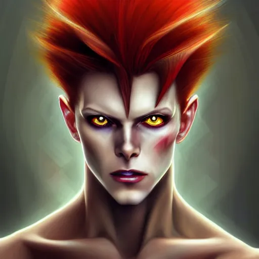 Prompt: portrait of hisoka morow hunter hunter, male, sharp jaw yellow eyes narrow sultry eyes red hair soft bunched hair swept back crimson medium length hair, anime, fantasy, intricate, elegant, highly detailed, digital painting, artstation, concept art, matte, sharp focus, david bowie inspired art by artgerm and greg rutkowski and alphonse mucha