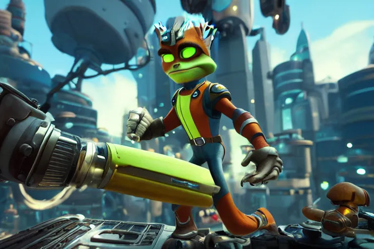 Prompt: vfx movie closeup, real life ratchet and clank by emmanuel lubezki