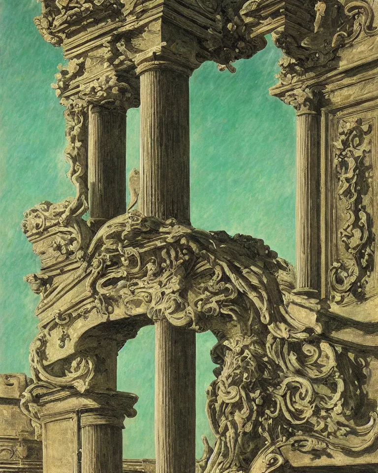 Image similar to achingly beautiful painting of intricate ancient roman corinthian capital on jade background by rene magritte, monet, and turner. giovanni battista piranesi.