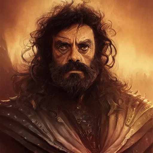 Image similar to emperor of the underworld, ian mcshane, curly black beard, d & d, fantasy, portrait, highly detailed, digital painting, trending on artstation, concept art, sharp focus, illustration, art by artgerm and greg rutkowski and magali villeneuve