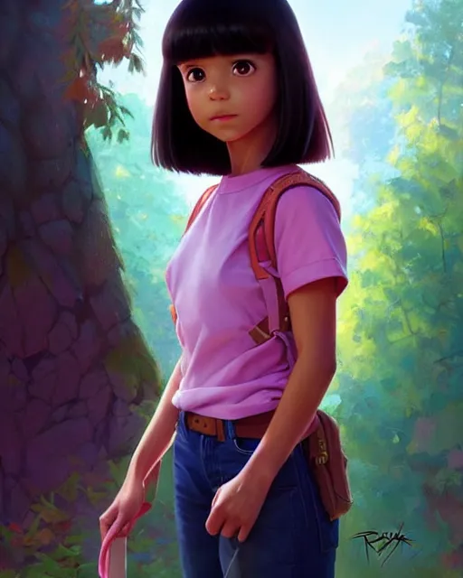 Image similar to real girl dora the explorer wearing her cloth made from leather, fine detail!! anime!! realistic shaded lighting!!, kim hyun joo, digital painting by ilya kuvshinov, magali villeneuve, artgerm, jeremy lipkin and michael garmash and rob rey