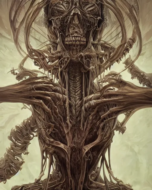 Prompt: death is swallowed up in victory, very detailed and beautiful womans face, screaming with fear, artwork by artgerm, centered shot, wide angle, full body, elfpunk, artwork by naoto hattori, giger, landscape art by john howe