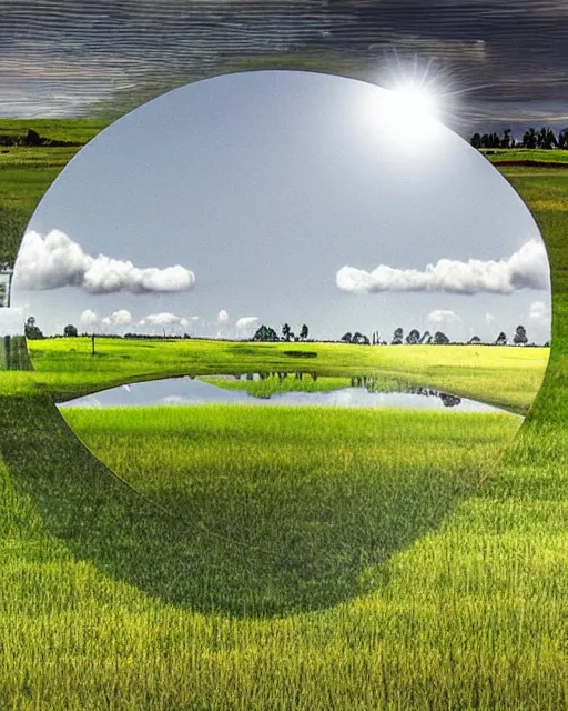Prompt: a grassy scenic valley inside an industrial mirror, 3 d art