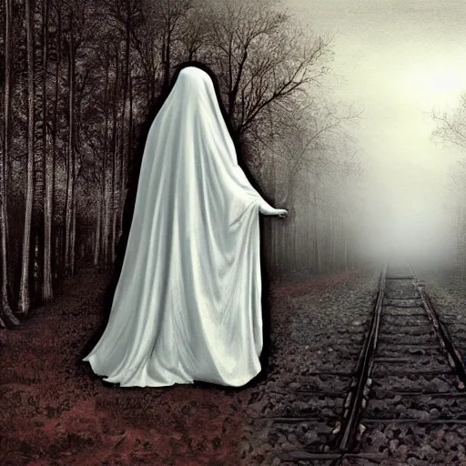 Image similar to ominous bedsheet ghost floating in front of a train deep in the forest, oil painting, brush strokes, gloomy foggy atmosphere, symmetrical, full body image, highly ornate intricate details,