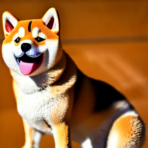 Image similar to close - up photo of shiba inu holding huge mace in paws, standing vertically, ( eos 5 ds r, iso 1 0 0, f / 8, 1 / 1 2 5, 8 4 mm, postprocessed, sharp )