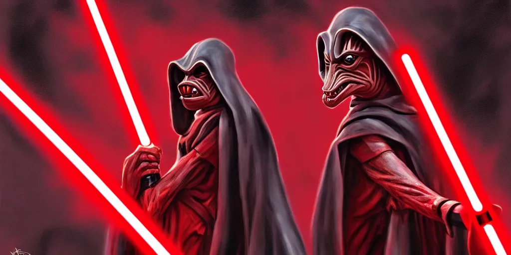 Image similar to jar jar binks as a sith lord, holding a red lightsaber, in the style of artstation