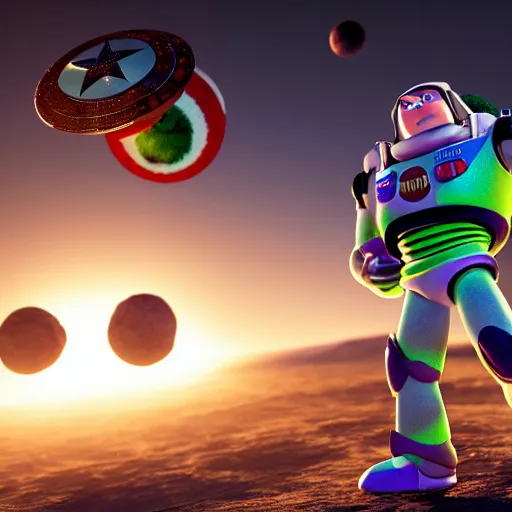 Prompt: a photorealistic photograph of a knitted Buzz Lightyear themed Captain America with shield flying through outer space, Mars in distance, featuring shield - Trending on Artstation, featured on Behance, well-rendered, Unreal Engine, 4K HD
