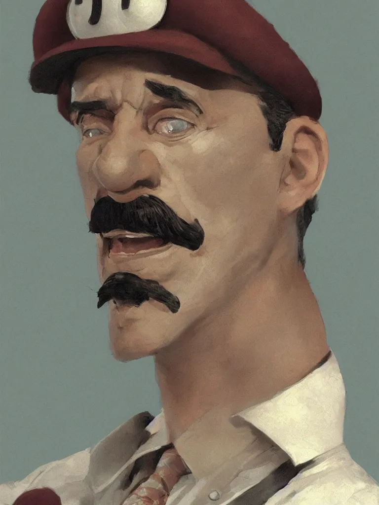 Prompt: realistic portrait of luigi from mario bros, by jean gireaud and hiroshi yoshida and craig mullins