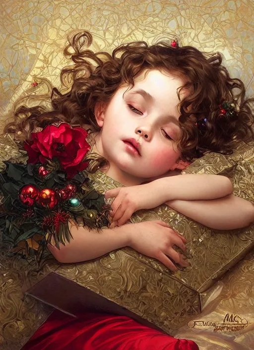 Prompt: three year old girl with short wavy curly hair, asleep at christmas. surrounded by gifts. high quality detailed face. beautiful painting by artgerm and greg rutkowski and alphonse mucha