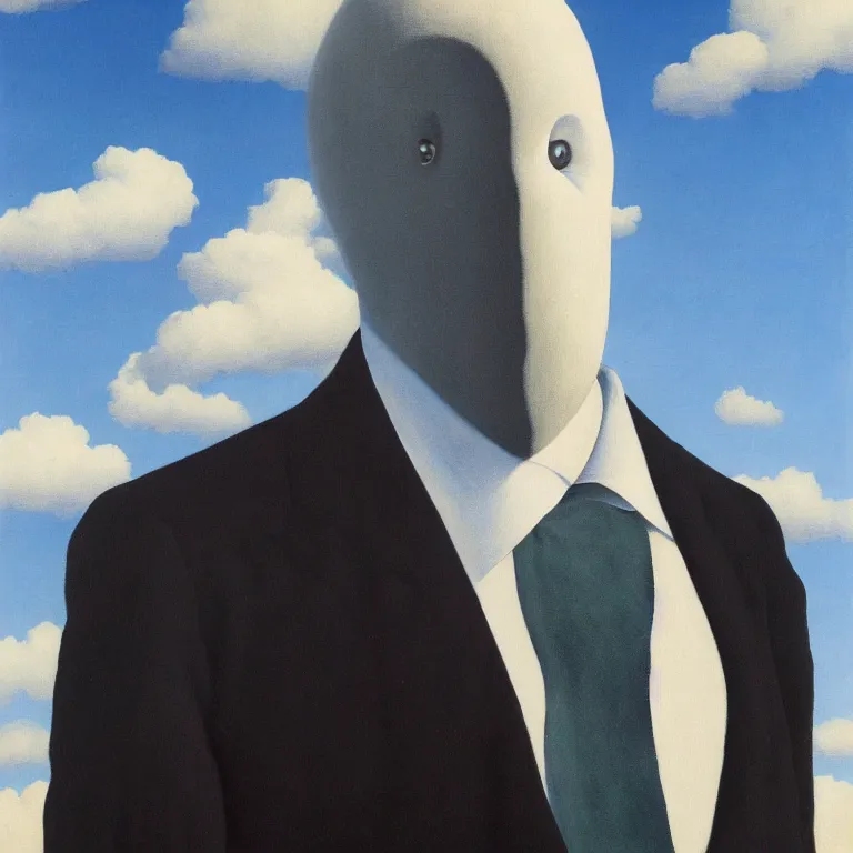 Image similar to portrait of a faceless shadow - head man in a suit, clouds in the background, by rene magritte, detailed painting, distance, middle centered, hd, hq, high resolution, high detail, 4 k, 8 k