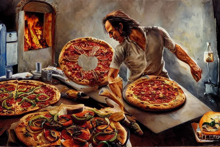 Image similar to a highly detailed nick cave baking pizza, full body, wide angle, an ultrafine detailed painting by p. craig russell and barry windsor - smith, trending on deviantart, octane, masterpiece