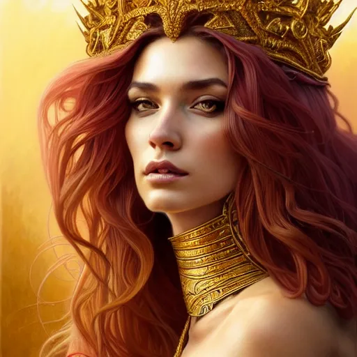 Prompt: majestic lioness queen as a beautiful woman. d & d, portrait, highly detailed, digital painting, trending on artstation, intricate details, energetic mood, golden ratio composition, concept art, sharp focus, illustration, art by artgerm and greg rutkowski and alphonse mucha and magali villeneuve, 8 k, 4 k,