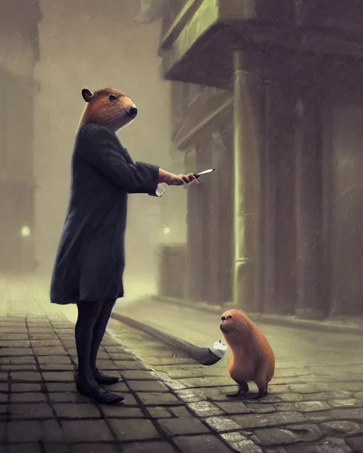 Image similar to oil painting of anthropomorphized capybara holding a smoking pipe, detective clothes, close shot, full body, old london raining background, sharp focus, fantasy style, octane render, volumetric lighting, 8k high definition, by greg rutkowski, highly detailed, trending on art Station, dungeons and dragons artwork, centered