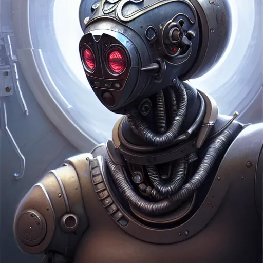 Image similar to front shot of a cyberpunk gazmask robot character, intricate, elegant, highly detailed, centered, digital painting, artstation, concept art, smooth, sharp focus, illustration, artgerm, Tomasz Alen Kopera, Peter Mohrbacher, donato giancola, Joseph Christian Leyendecker, WLOP, Boris Vallejo