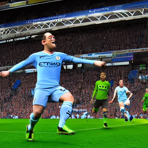 Image similar to shrek!! scoring a goal for manchester city, hd render,