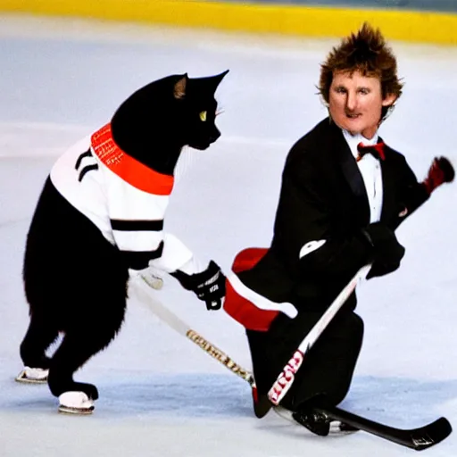 Prompt: tuxedo cat with flamethrower attacking hockey legend wayne gretzky