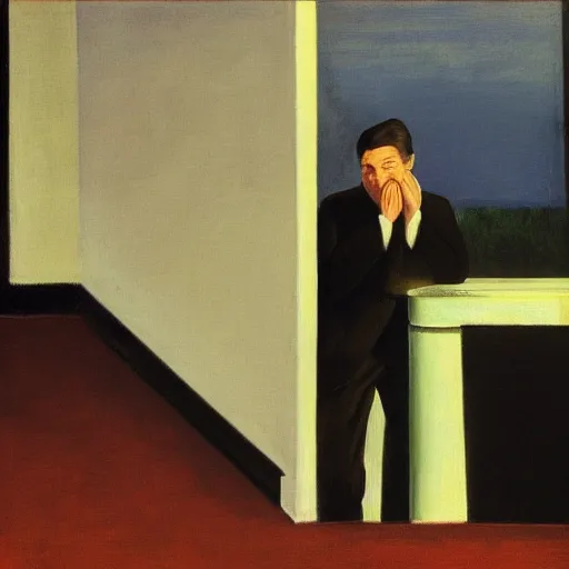 Image similar to a man in a suit who is crying, in the style of Edward hopper, 4k,