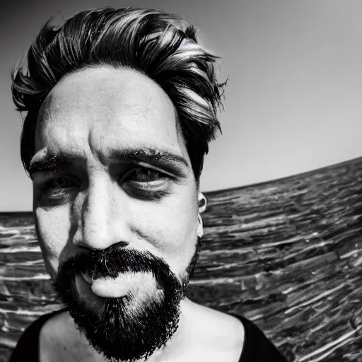 Prompt: fish eye lens close up photograph of a man with a goatee side eyeing the camera with a sympathetic look