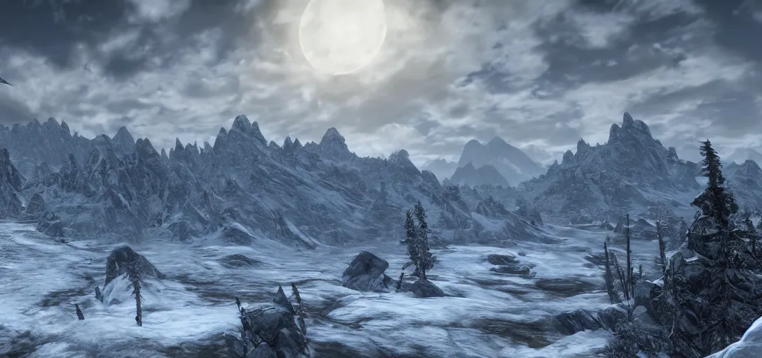 Prompt: skyrim throat of the world mountain as seen from whiterun, skyrim, elder scrolls, winter weather, landscape photography, professional photography, 8k realism, hyper realism, wide shot