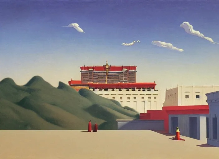 Prompt: lhasa palace, clouds, bird, open ceiling, strange foreign objects, oil painting by edward hopper, chirico and rene magritte