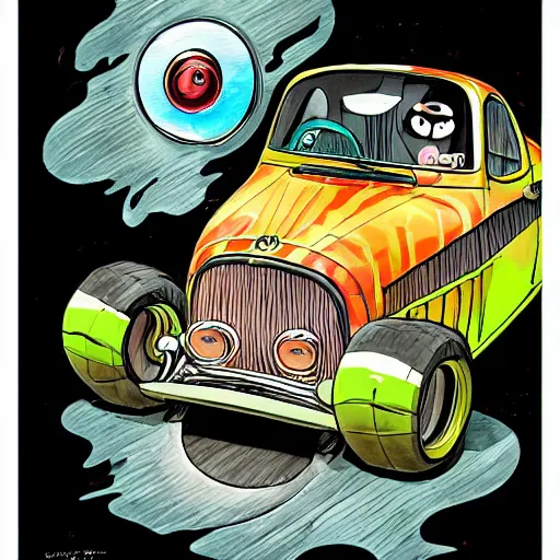 Image similar to racoon riding in a tiny hot rod coupe with oversized engine, ratfink style by ed roth, centered award winning watercolor pen illustration, bright and vivid, by chihiro iwasaki, edited by range murata