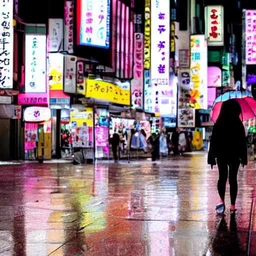 Prompt: japanese girl walking in neon japan at night under heavy rain alongside hundred of white rabbits