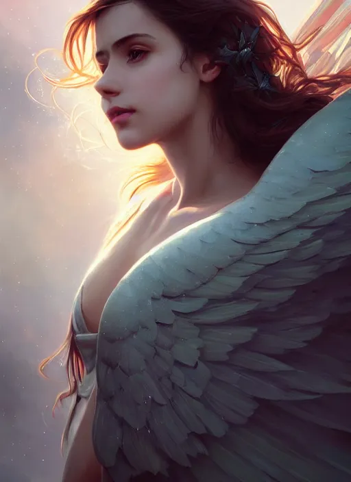 Image similar to one angel, big wings, low key light, full plate armor with cloth, f 1 6, bokeh, extreme close up portrait, gentle, female, mountain, storm, god rays, landscape, d & d, fantasy, elegant, teal pink white gold color palette, concept art, artgerm and greg rutkowski and alphonse mucha