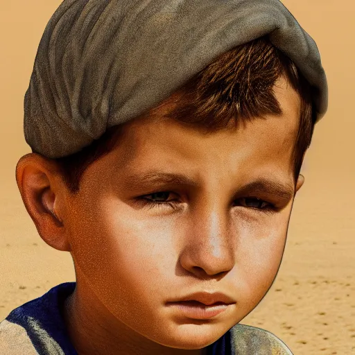 Image similar to a detailed portrait of a boy in the desert, art illustration, incredibly highly detailed and realistic, 8 k, sharp focus