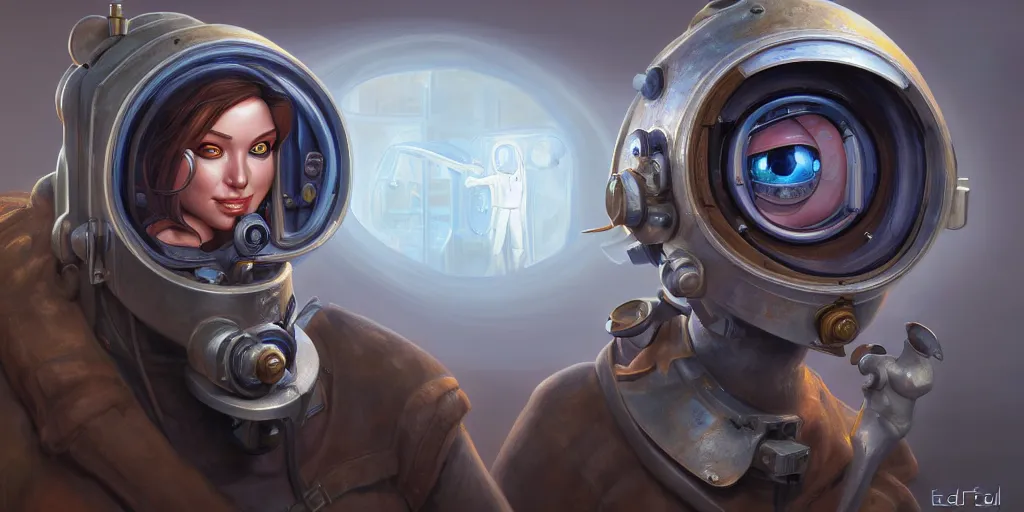 Image similar to highly detailed portrait painting of welder and angelina joile, mono eye window, by eddie mendoza and tyler edlin, 8 k resolution