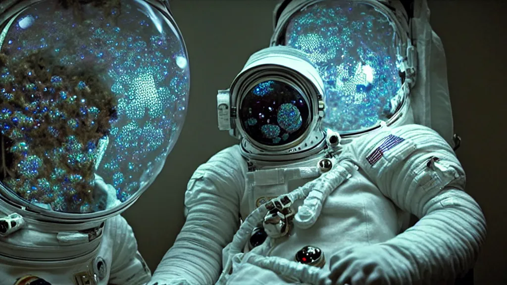 Image similar to a astronaut eva suit covered in diamond 3d fractal lace iridescent bubble 3d skin and covered with insectoid compound eye camera lenses floats through the living room, film still from the movie directed by Denis Villeneuve with art direction by Salvador Dalí, wide lens,