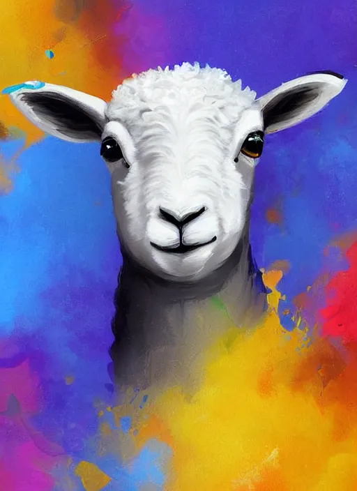 Image similar to a painting of a lamb's face with blue and yellow smoke coming out of, a digital painting by petros afshar, behance contest winner, digital art, behance hd, digital illustration, digital painting