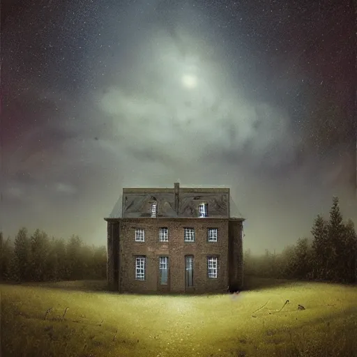 Prompt: an abandoned mansion on a hill at night with stars, by lee madgwick and bastien lecouffe