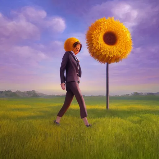 Image similar to giant daisy flower head, frontal, girl in a suit, surreal photography, sunrise, dramatic light, impressionist painting, digital painting, artstation, simon stalenhag