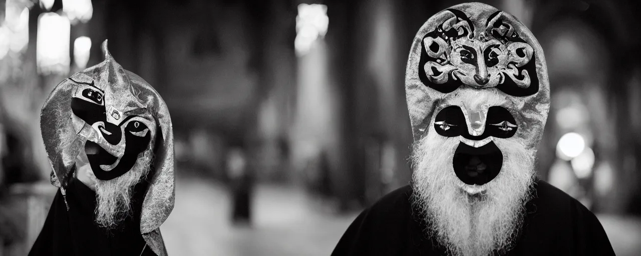 Image similar to orthodox priest wearing cute caracal masks, in orthodox church, orthodox icons, volumetric lighting, twilight, dramatic, noir, blur, bokeh, cinematic, shallow depth of field, 8 0 mm, f 1. 8