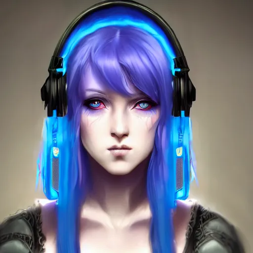 Image similar to Fantasy warlock, character portrait, pretty egirl gaming, blue hair, perfect blue arctic eyes, blue neon style gaming headset, face, very pretty face, cinematic lighting, hyper-detailed, cgsociety, 8k, high resolution, in the style of Charlie Bowater, Tom Bagshaw, single face, symmetrical, headshot photograph, insanely detailed and intricate, beautiful, elegant, cinematic, portrait, Raphaelite, headroom, artstation