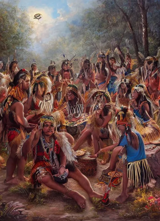 Prompt: a painting of indigenous people playing music, matte painting, highly detailed, fantasy art