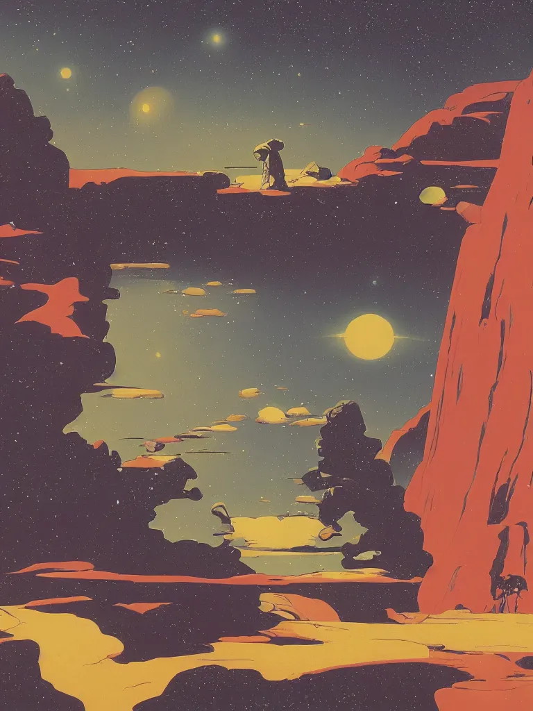 Image similar to a landscape of george harrison as a jedi, taking mind altering drugs, a blotter paper of lsd acid and dreaming psychedelic hallucinations in a vast star wars landscape, by kawase hasui, moebius, edward hopper, colorful flat surreal design, dramatic lighting, hd, 8 k, artstation