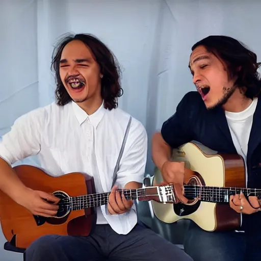 Prompt: Carlos Valdes and Frank Dillane playing guitar and singing on a stage